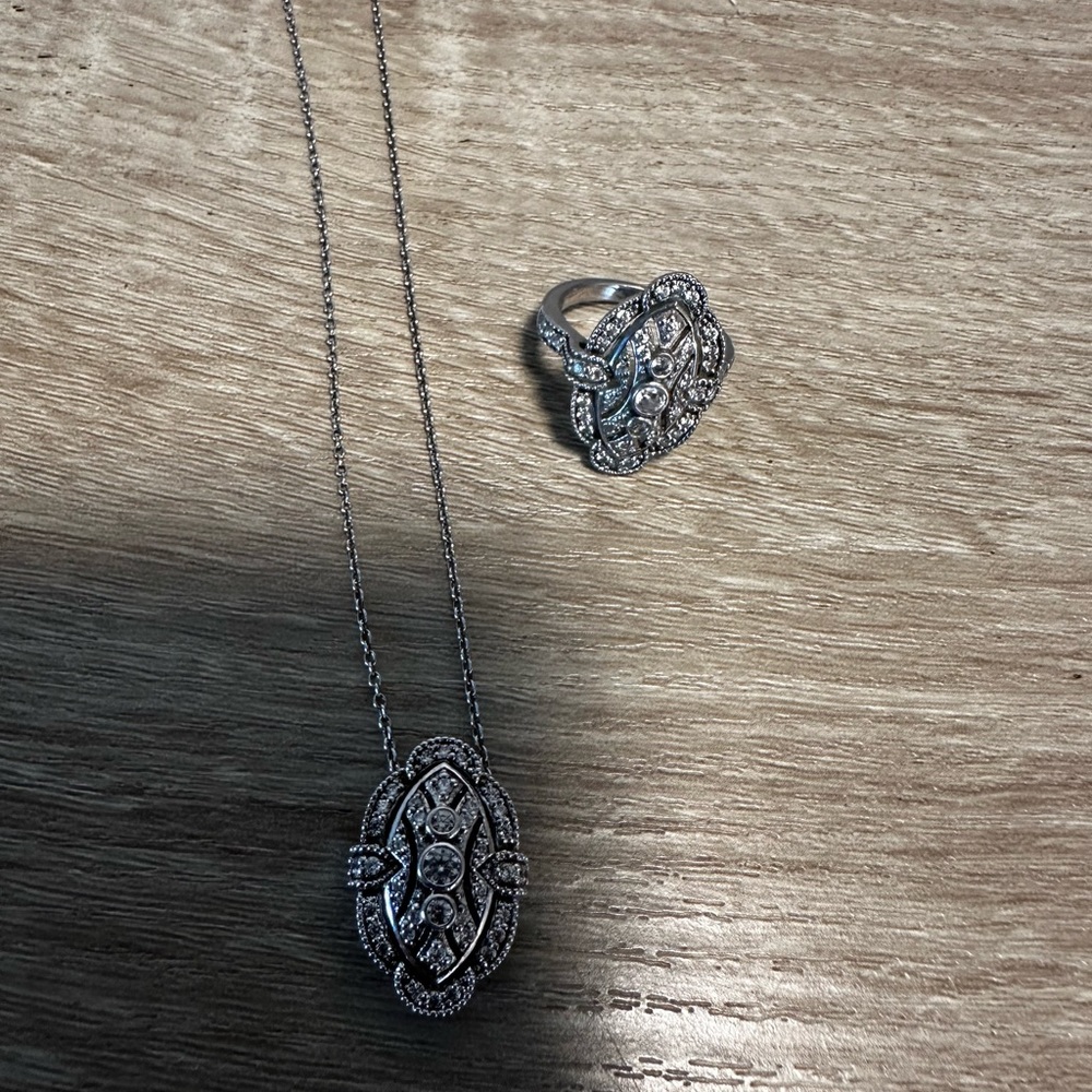 STERLING SILVER CZ ART DECO MILLGRAIN NAVETTE SET - RING AND PENDENT - STUNNING! - Picture 2 of 16